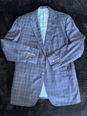 Men's Blue Windowpane Plaid Blazer - Tailored Two-Button Sport Coat